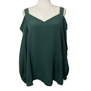 Tibi Medium Green Silk Cold Shoulder V-Neck Long Sleeve Blouse Size 8 women’s